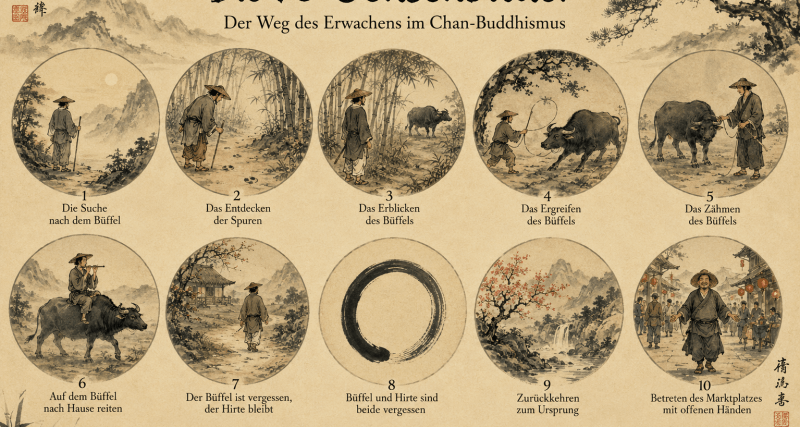 Illustration der 10 Ochsenbilder im Chan-Buddhismus – die zehn Stufen des spirituellen Weges vom Suchenden bis zum Bodhisattva.
