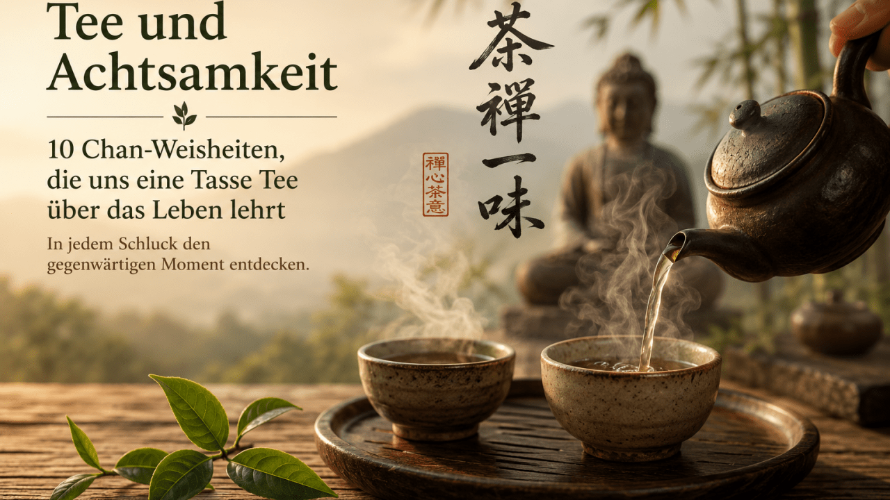 Eine Gong-Fu-Cha-Teekanne schenkt Tee in zwei Teeschalen vor einer ruhigen Chan-Meditationsszenerie mit Bambus und Buddha-Statue – Symbol für Tee und Achtsamkeit