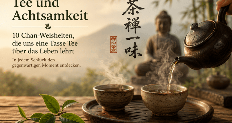 Eine Gong-Fu-Cha-Teekanne schenkt Tee in zwei Teeschalen vor einer ruhigen Chan-Meditationsszenerie mit Bambus und Buddha-Statue – Symbol für Tee und Achtsamkeit