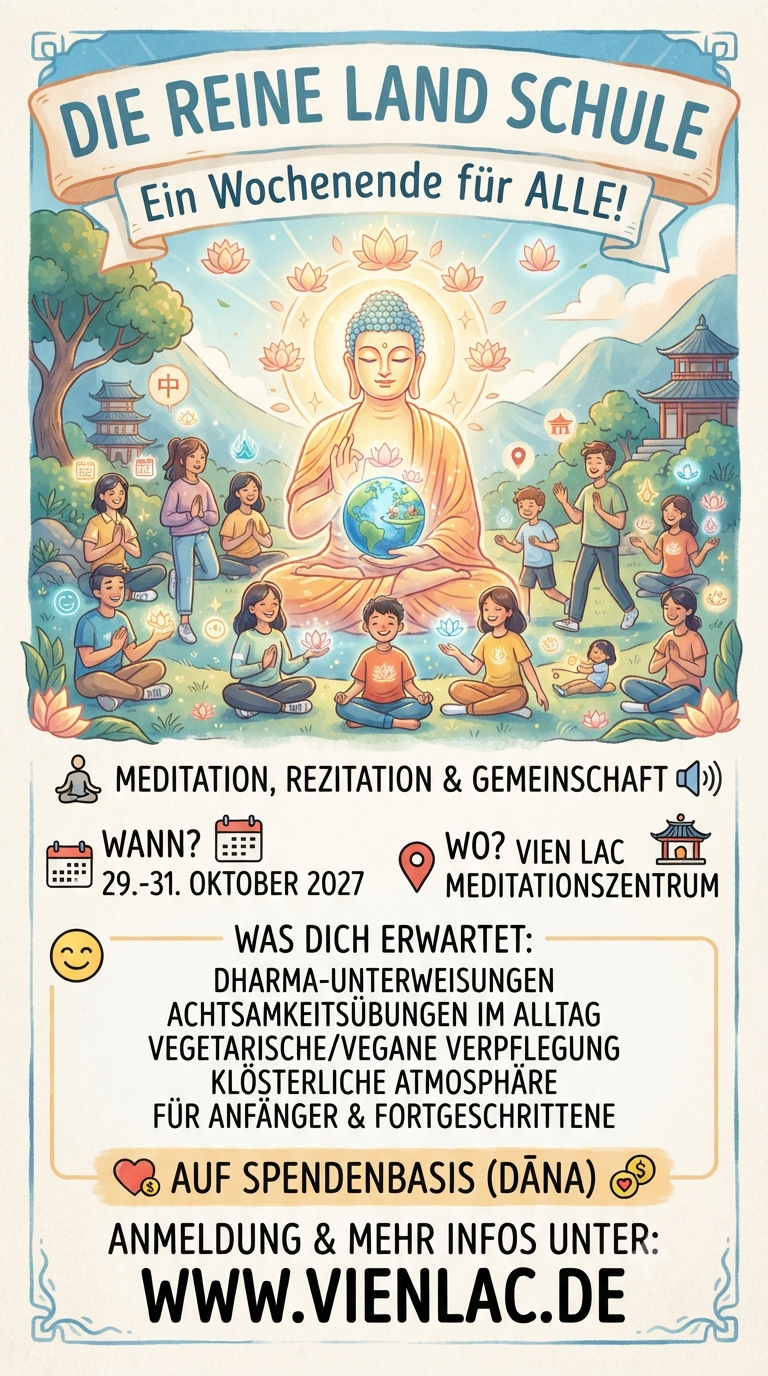 „Ein künstlerisch gestaltetes, illustriertes Poster im warmen, freundlichen Aquarell-Stil für das Seminar ‚Die Reine Land Schule‘. Im oberen Bereich steht der Titel ‚DIE REINE LAND SCHULE – Ein Wochenende für ALLE!‘, umrahmt von einer friedlichen Illustration: Ein goldener Buddha sitzt im Zentrum vor einer leuchtenden Aura und Lotusblüten in einer idyllischen Berglandschaft, umringt von einer fröhlichen Gruppe aus Kindern, Jugendlichen und Erwachsenen, die meditieren oder sich austauschen. Darunter sind die wichtigsten Eckdaten übersichtlich aufgeführt: Meditation, Rezitation & Gemeinschaft, Datum (29.–31. Oktober 2027), Veranstaltungsort (Vien Lac Meditationszentrum), Programm-Highlights (Dharma-Unterweisungen, Achtsamkeitsübungen, vegetarische/vegane Verpflegung) auf Spendenbasis (Dāna). Ganz unten steht gut sichtbar der Verweis: ‚Anmeldung & mehr Infos unter: WWW.VIENLAC.DE‘.“