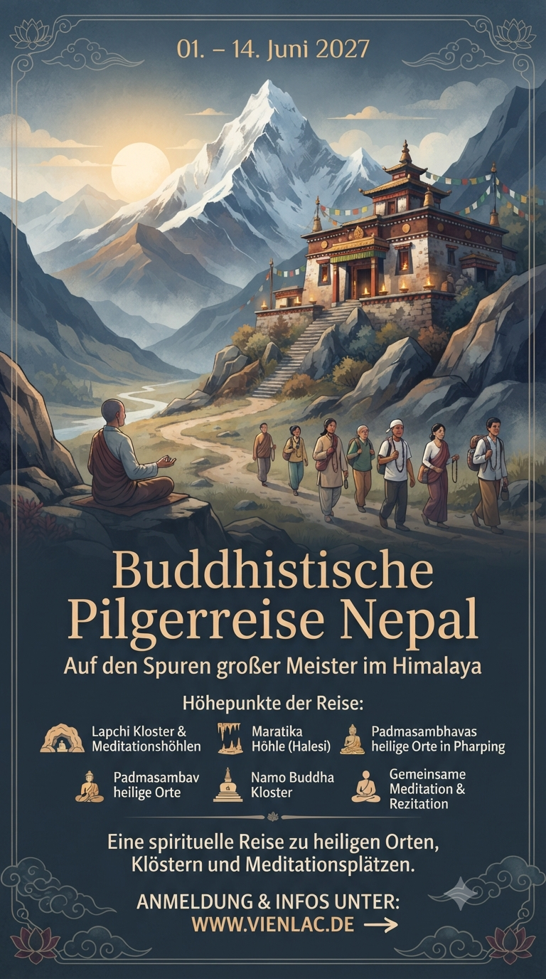 Klassisches, würdevolles Marketing-Bild für die „Buddhistische Pilgerreise Nepal – Auf den Spuren großer Meister im Himalaya“ vom 01. bis 14. Juni 2027, stimmungsvoll illustriert mit einer majestätischen Himalaya-Berglandschaft, dem Lapchi-Kloster, tibetischen Gebetsfahnen und pilgernden Menschen auf einem spirituellen Pfad.